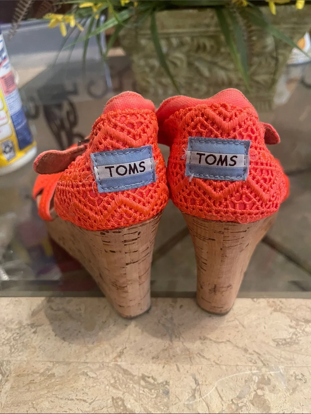 Toms Coral Crochet Cork Wedge Sandals with Ankle Strap